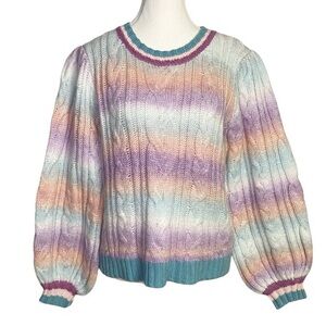 Karlie Pastel Rainbow Cable Knit Sweater with Balloon Sleeves